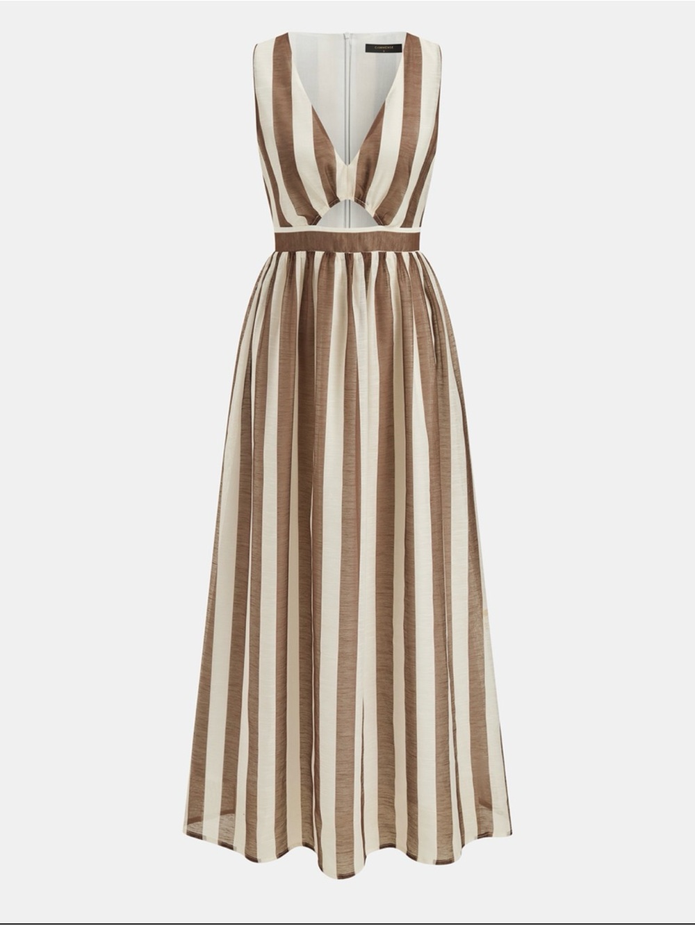 Commense Brown and Cream Striped V-Neck Maxi Dress